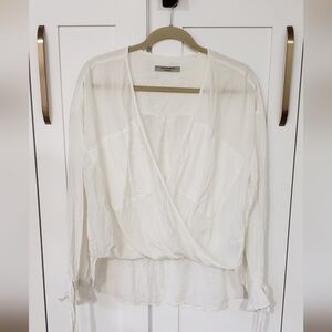 AllSaints Penny Wrap Blouse Womens M White Satin Tie Cuff High Low Shirt
